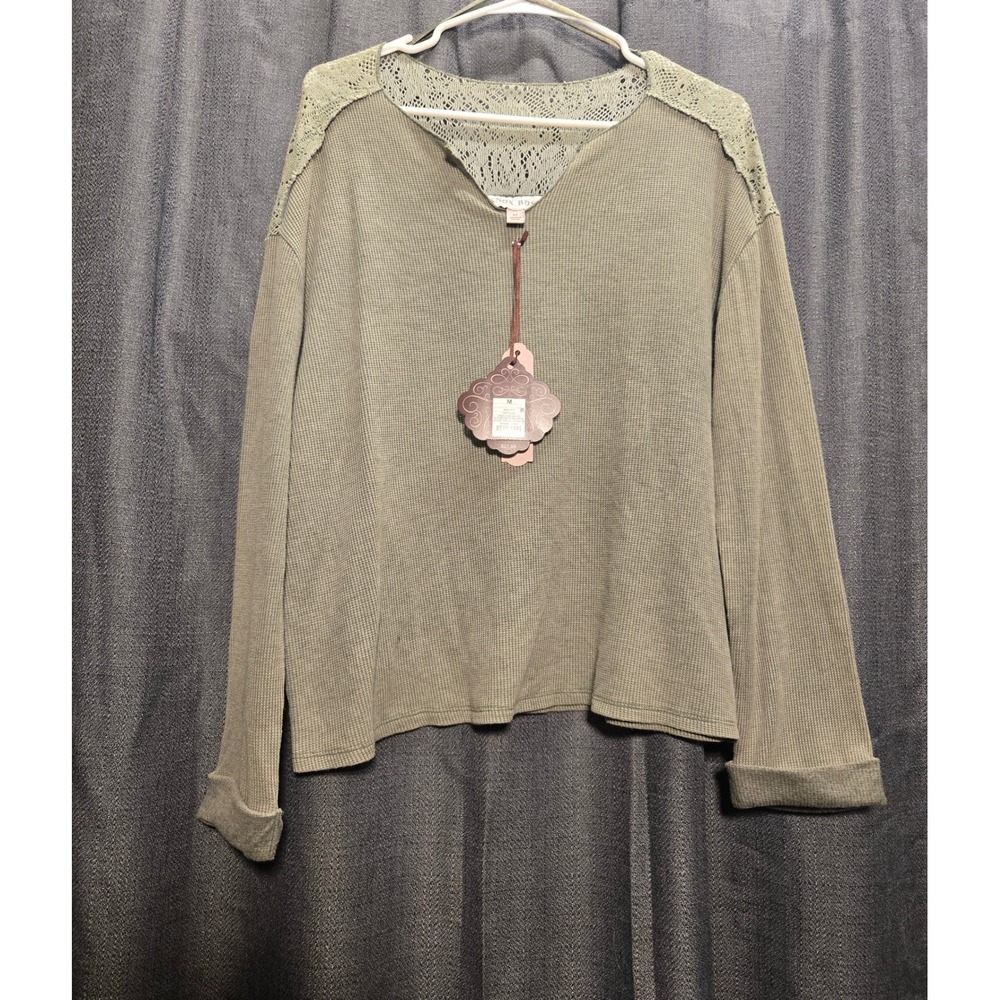 Knox Rose Olive Green Lace Shoulder Waffle Knit‎ Long Sleeve Top Size M